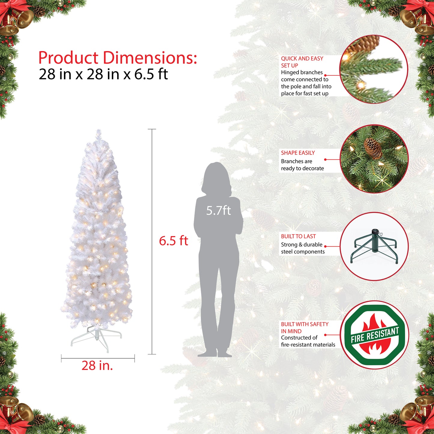 Pre-Lit 6.5' White Pencil Northern Fir Artificial Christmas Tree with 250 Lights, White