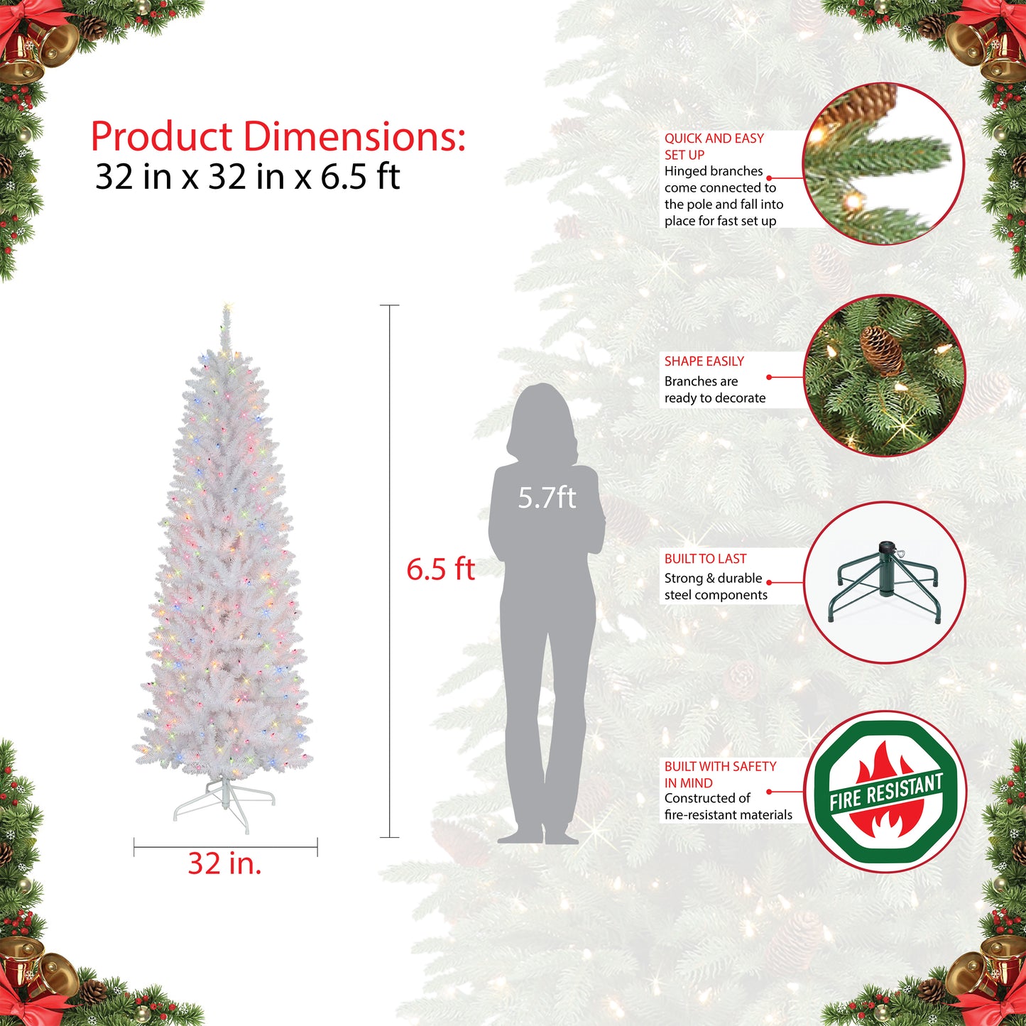 Pre-Lit 6.5' Pencil White Fraser Fir Artificial Christmas Tree with 250 Lights, White