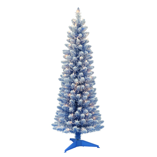 Pre-Lit 4.5' Flocked Fashion Blue Pencil Artificial Christmas Tree with 100 Lights, Blue