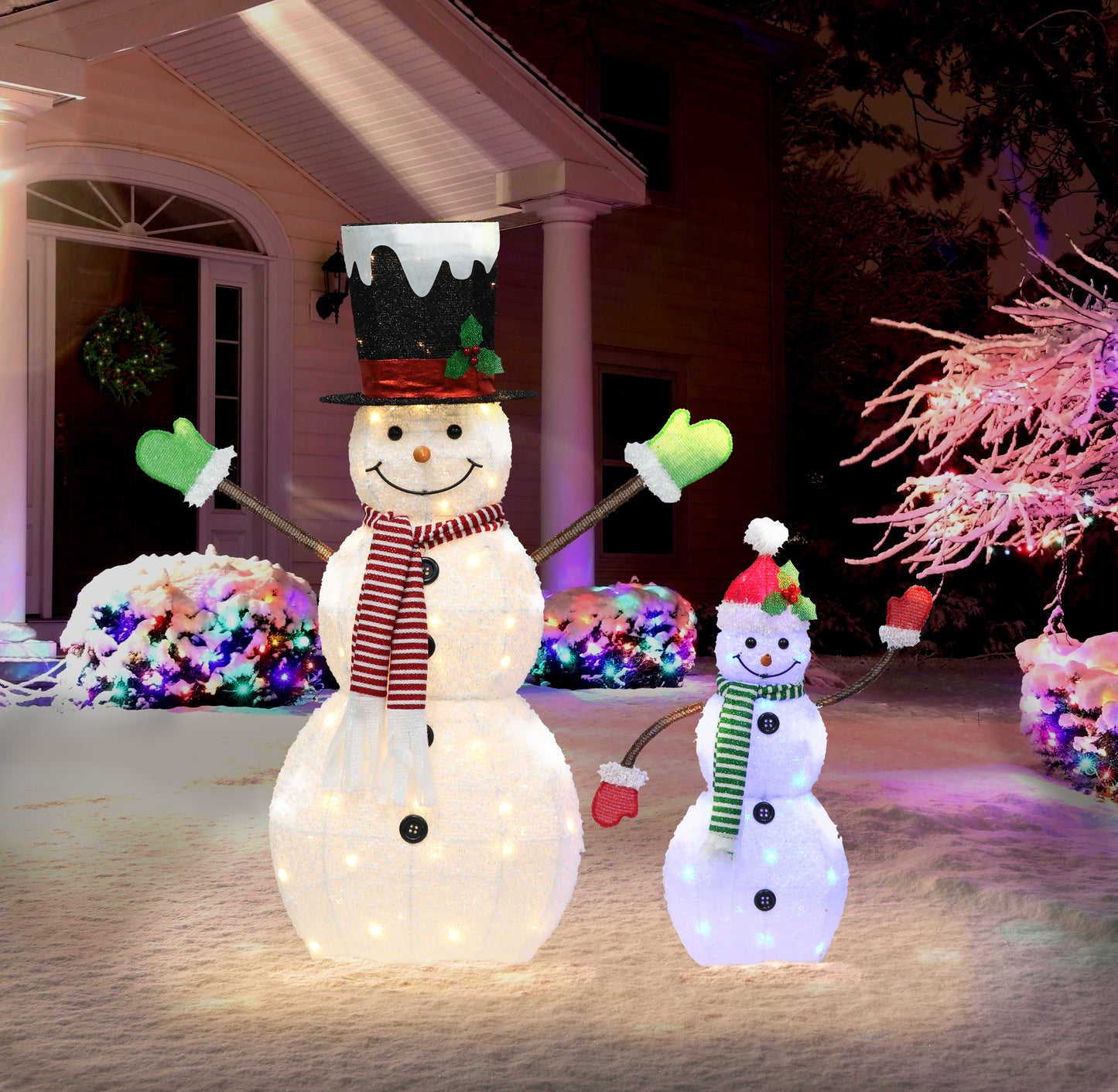 2-Piece Lighted Snowmen Set with 100 White and Blue Lights