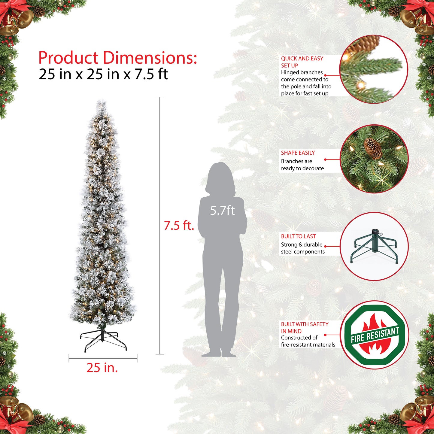 7.5' Pre-Lit Flocked Portland Pine Pencil  Tree with 350 UL-Listed Clear Lights