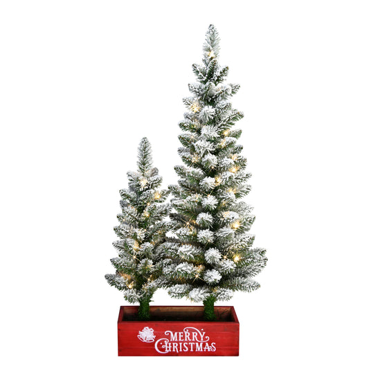 2' & 3' Potted Flocked Artifical Pencil Christmas Trees with 50 Warm White LED Rice Lights