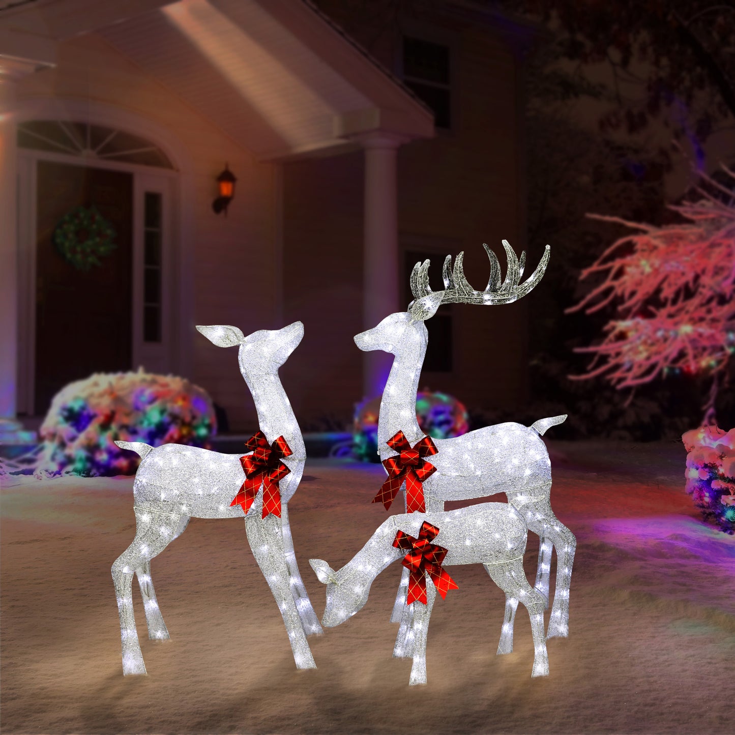 3-Piece Outdoor Christmas Lighted Deer Family, Silver