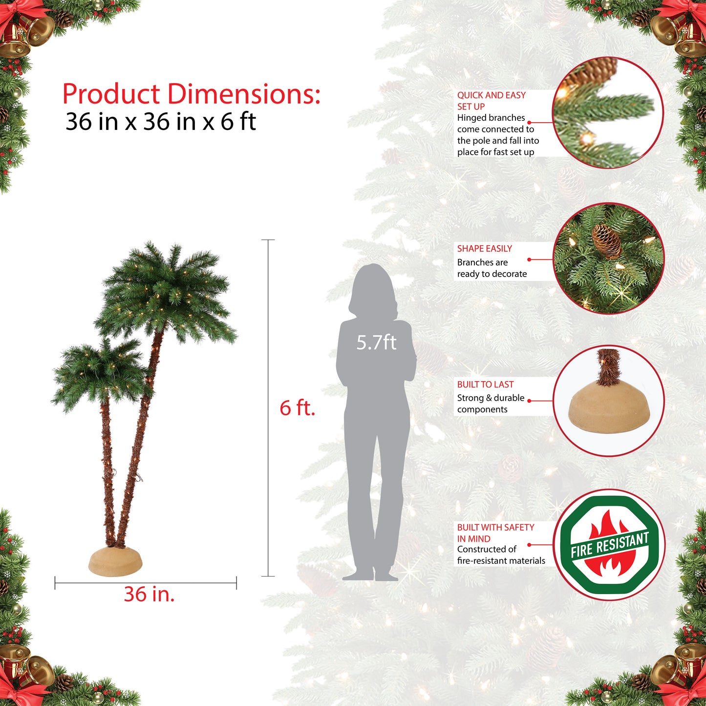 3½'/6' Double Trunk Pre-Lit Artificial Palm Tree with 175 UL-Listed Lights