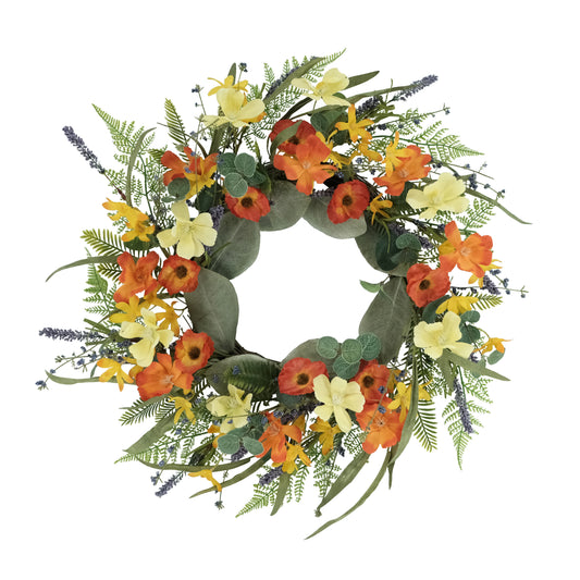 24" Artificial Dogwood And Poppy And Daisy Floral Spring Wreath