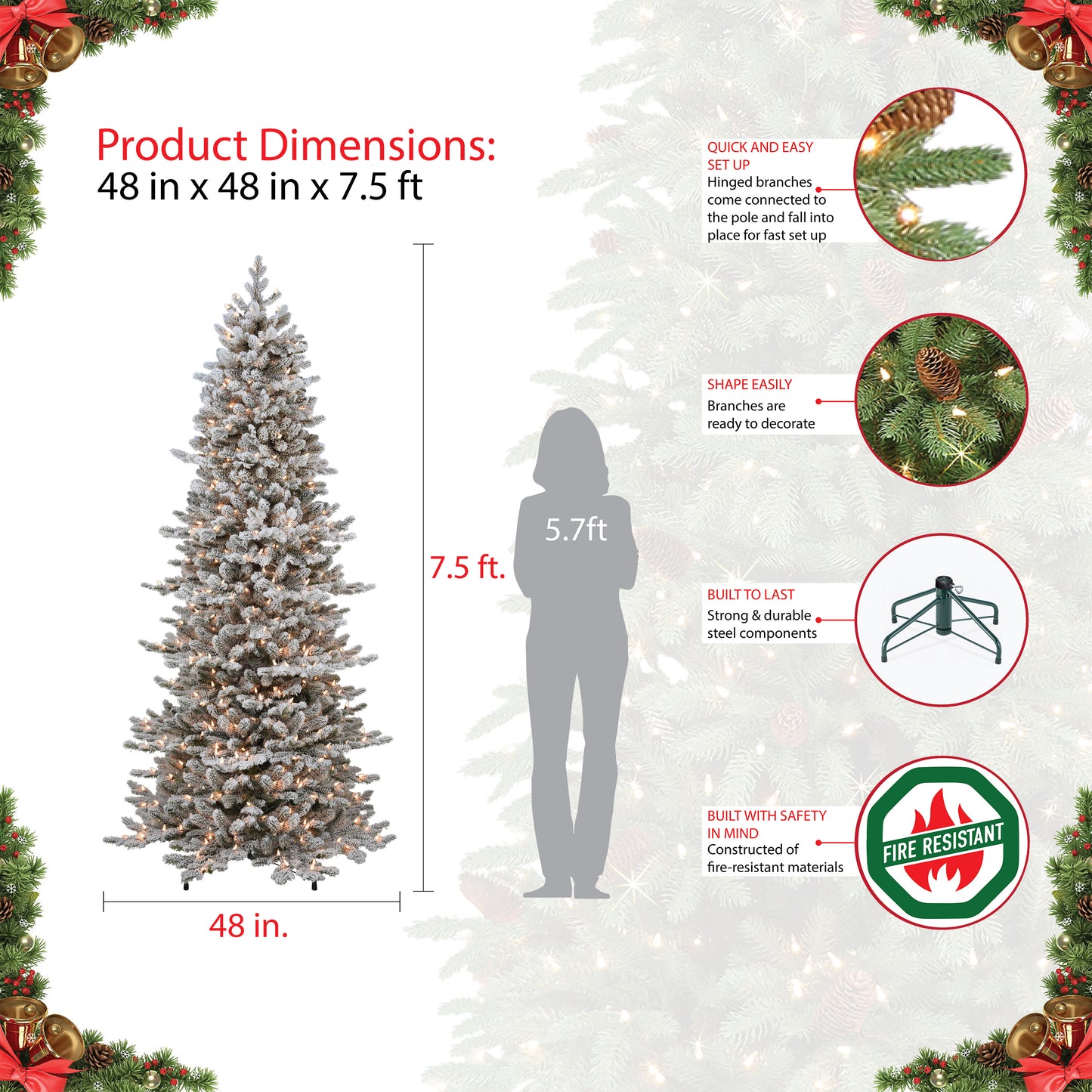Pre-Lit 7.5' Slim Flocked Royal Majestic Douglas Spruce Artificial Christmas Tree with 500 Lights, Green