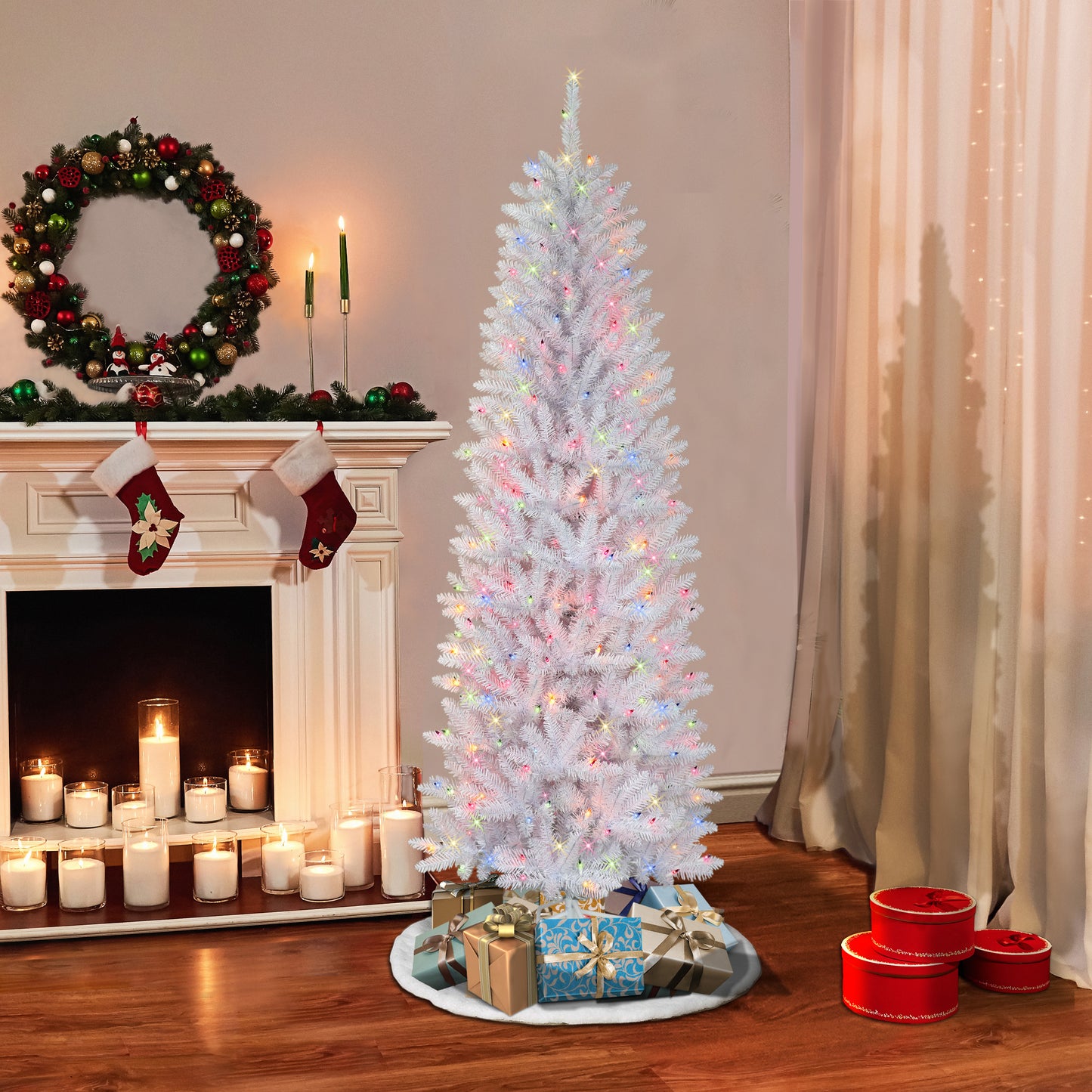 Pre-Lit 6.5' Pencil White Fraser Fir Artificial Christmas Tree with 250 Lights, White