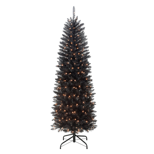 Pre-Lit 6.5' Black Pencil Fraser Fir Artificial Christmas Tree with 250 Lights, Black