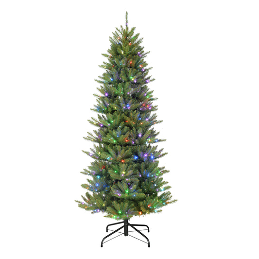 Pre-Lit 7.5' Slim Fraser Fir Artificial Christmas Tree with 300 Multi-Finction RGB Lights with Remote, Sure-Lit Pole, Green