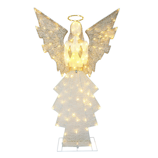 60" Outdoor Lighted Angel with 140 Lights, Gold/White