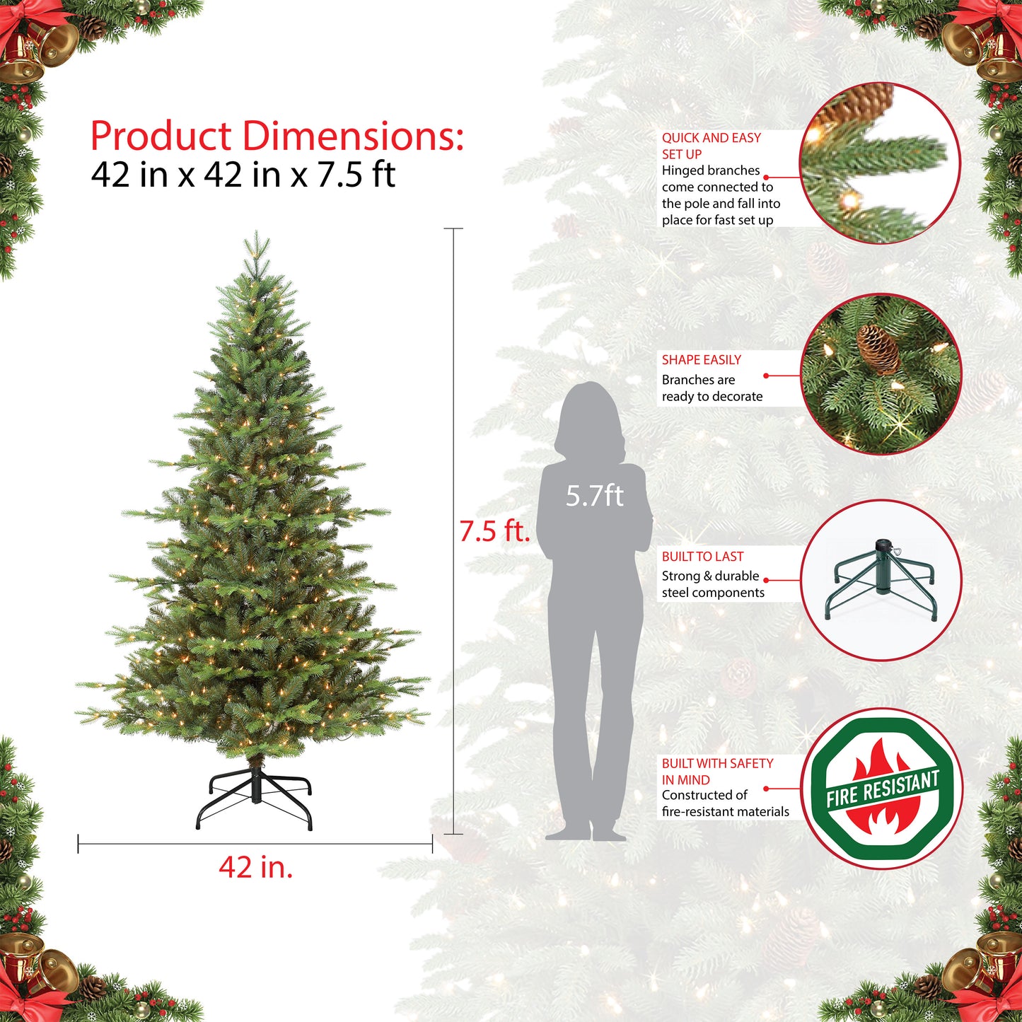 Pre-Lit 7.5' Newbury Fir Artificial Christmas Tree with 450 Lights, Green