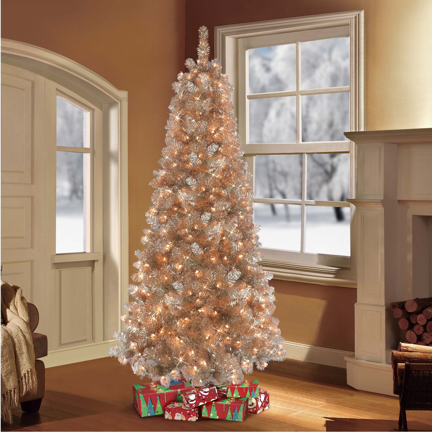 6½' Pre-Lit Rose Gold Tinsel Artificial Christmas Tree with 300 UL- Listed Lights