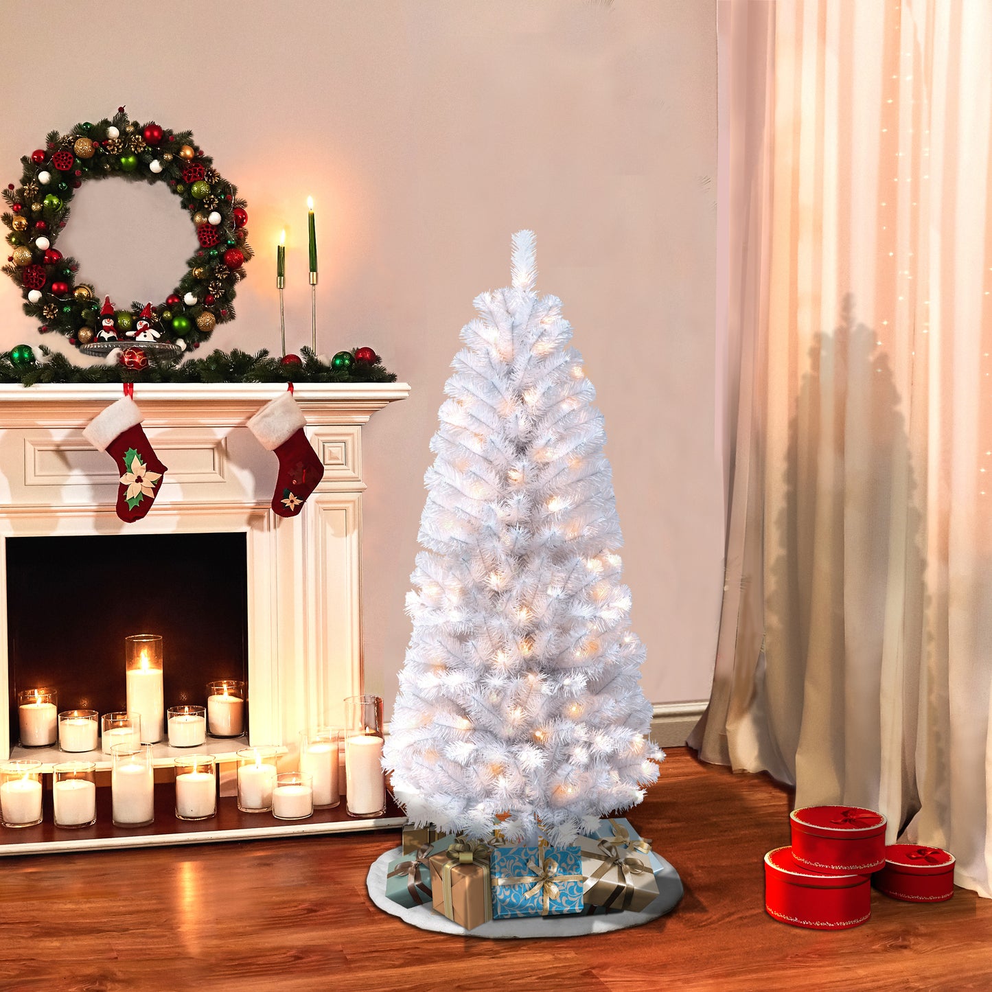 Pre-Lit 4.5' White Pencil Northern Fir Artificial Christmas Tree with 150 Lights, White