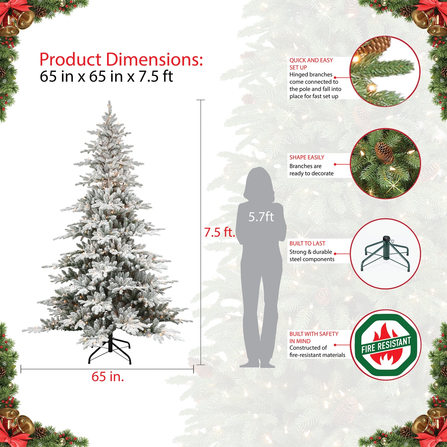 Pre-Lit 7.5' Flocked Utah Fir Artificial Christmas Tree with 500 Lights, Green