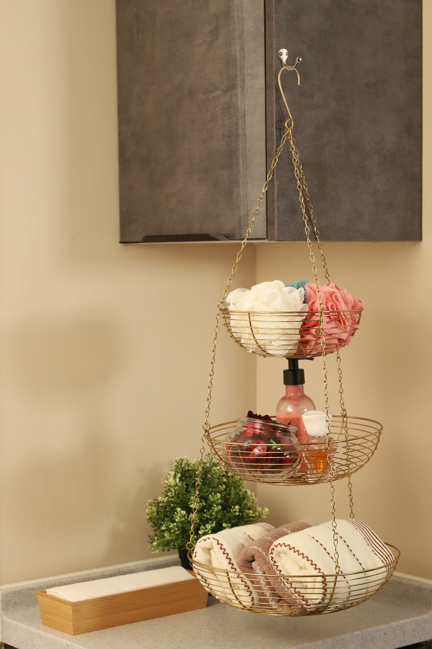 3 Tier Hanging Metal Basket in Gold/Copper