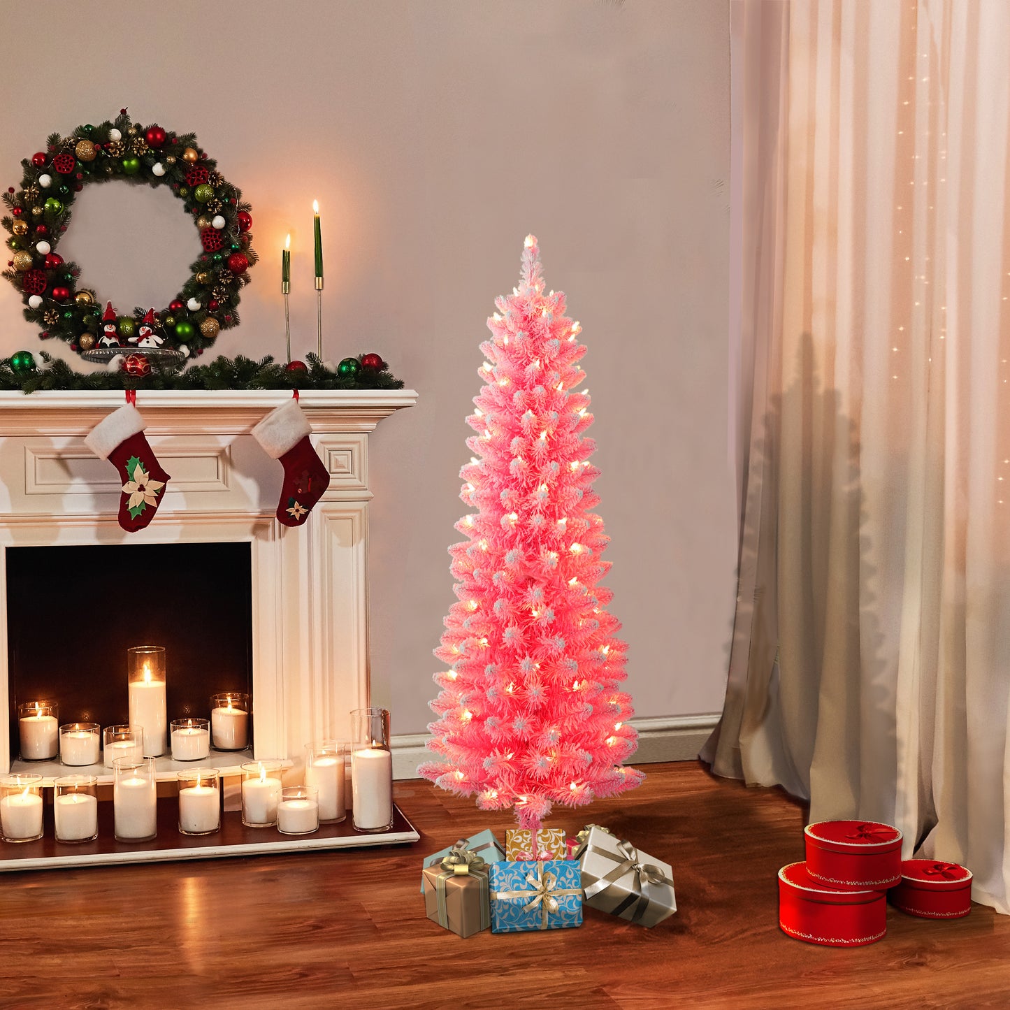 Pre-Lit 4.5' Flocked Fashion Pink Pencil Artificial Christmas Tree with 100 Lights, Pink