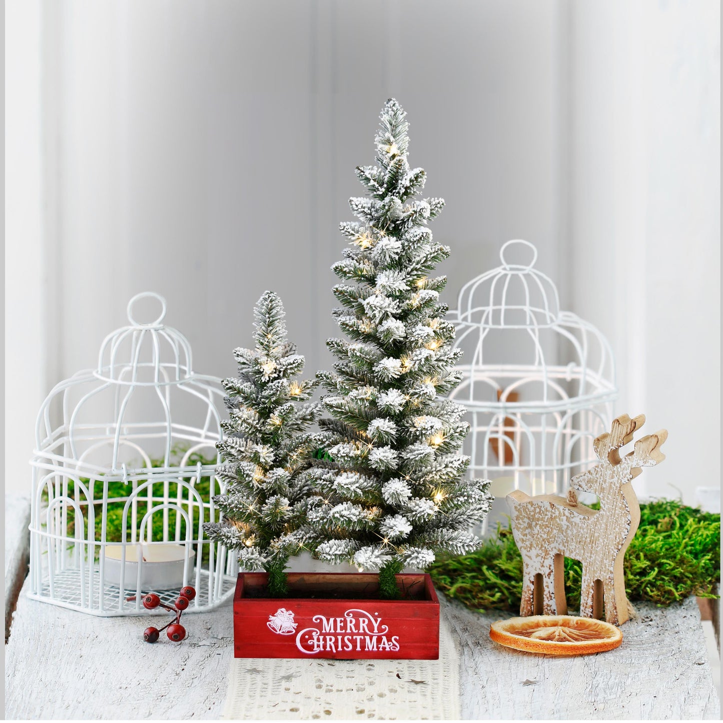 2' & 3' Potted Flocked Artifical Pencil Christmas Trees with 50 Warm White LED Rice Lights