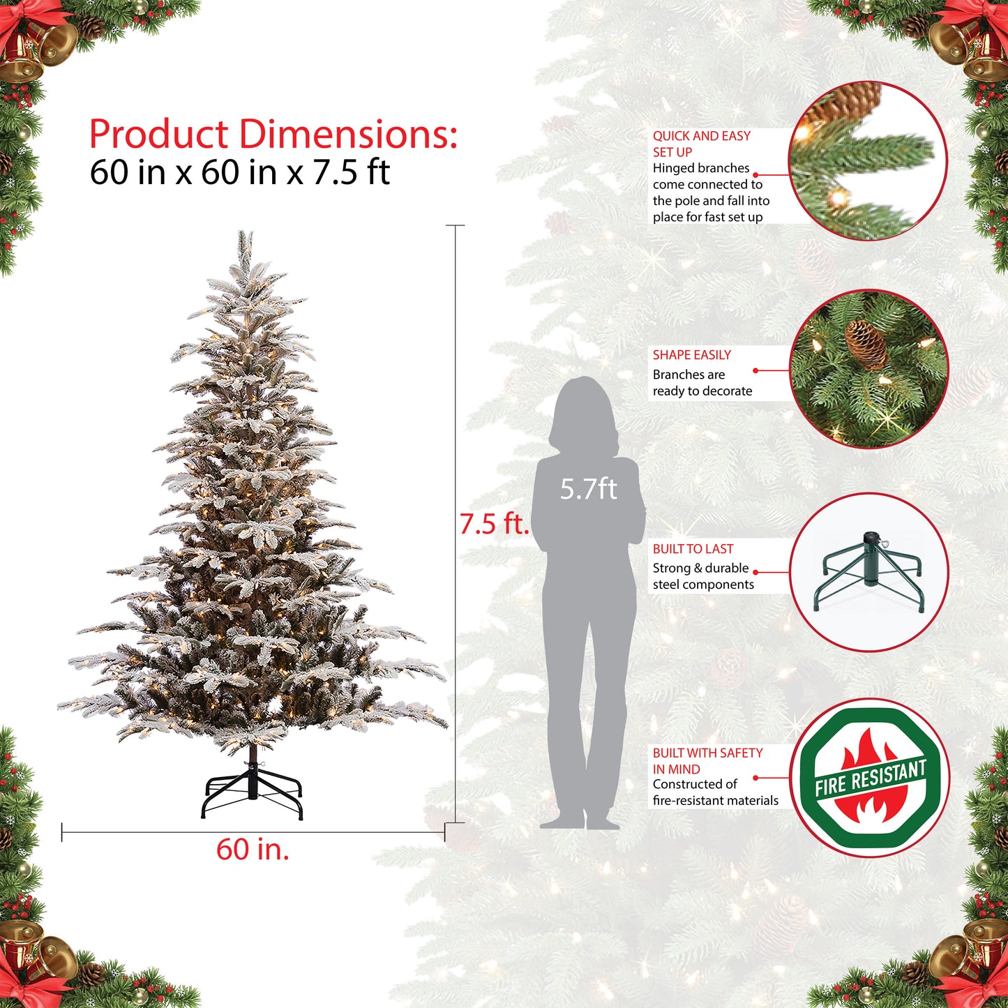 Pre-Lit 4.5' Slim Aspen Fir Artificial Christmas Tree with 200 Lights, Green