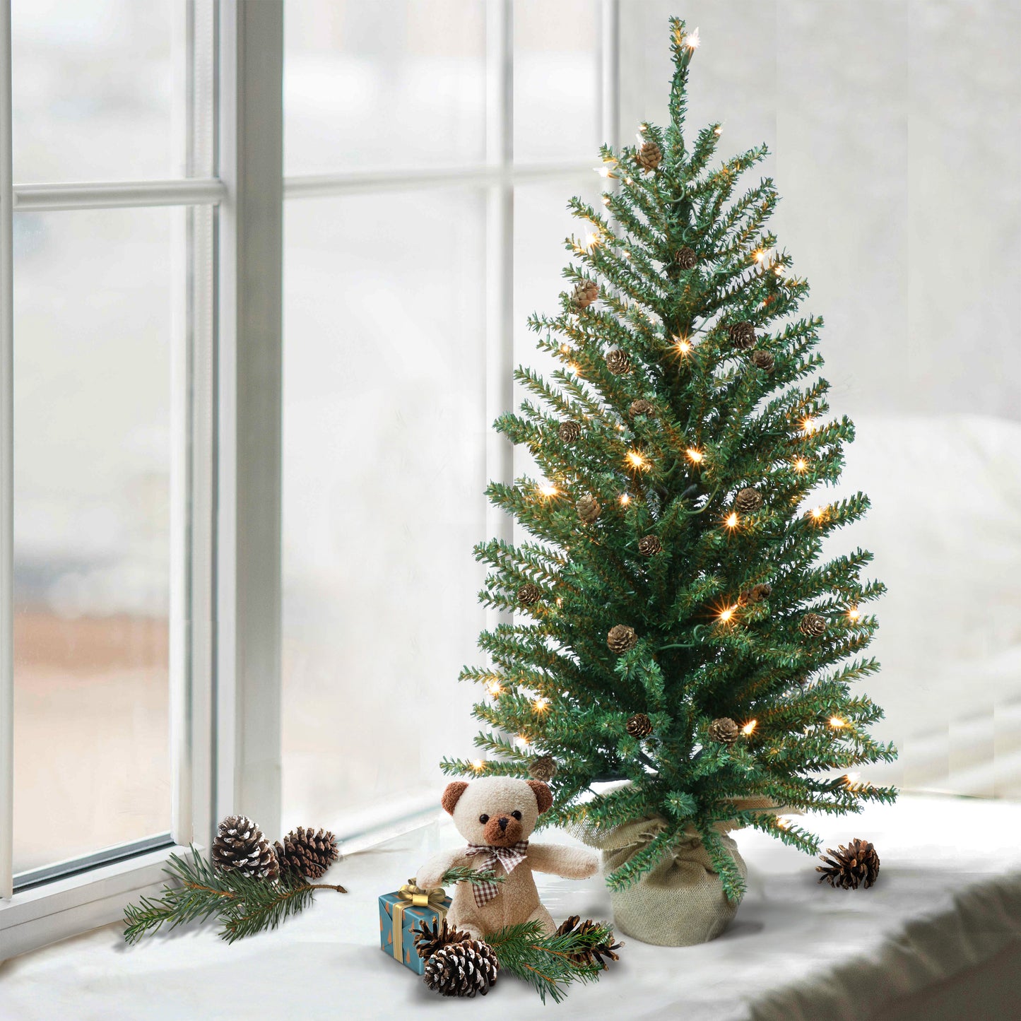 Pre-Lit 4' Fir Artificial Christmas Tree with Pines Cones and 100 Lights, Green