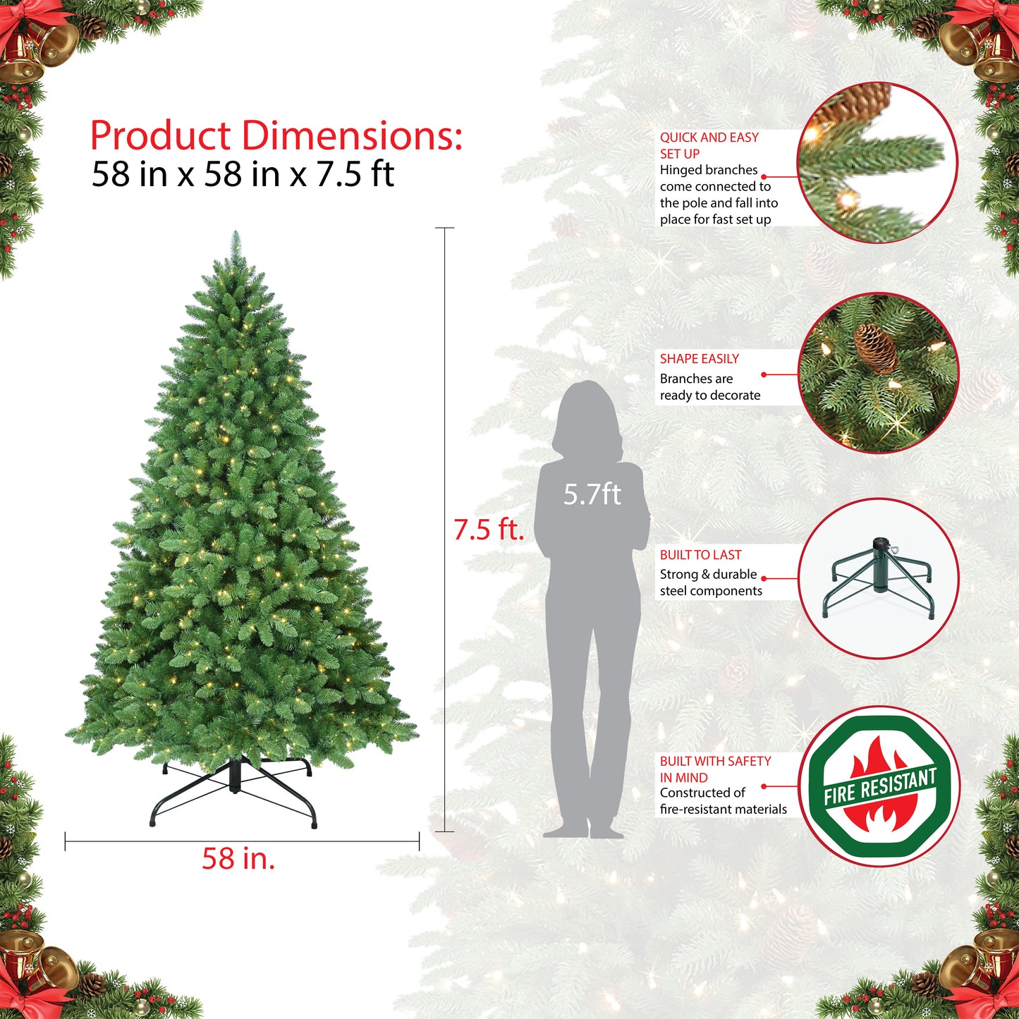 Pre-Lit 7.5' Nevada Spruce Artificial Christmas Tree with 650 Color-Select LED Lights and Sure-Lit Pole®, Green
