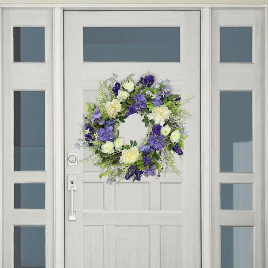 24" Artificial White Rose and Lavender Floral Spring Wreath