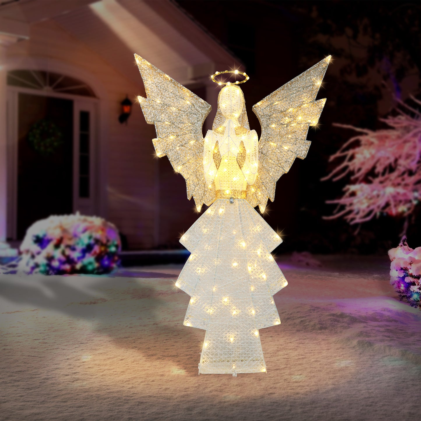 60" Outdoor Lighted Angel with 140 Lights, Gold/White